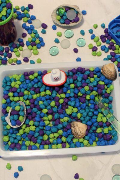 under the sea themed sensory bin on a counter